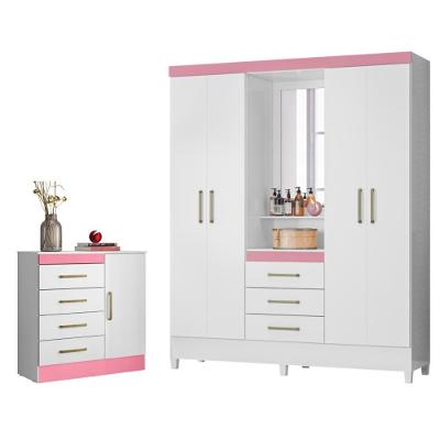 Jogo De Quarto Roupeiro E Comoda Munique Branco Rosa