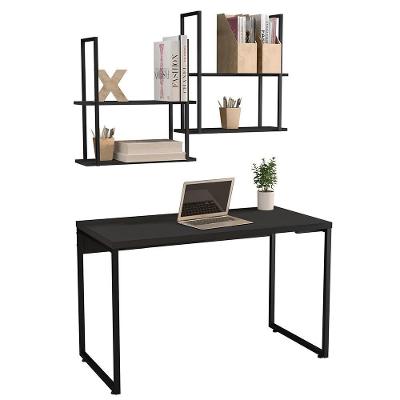 Kit Mesa Para Escritório Com 2 Prateleiras Preto Fosco