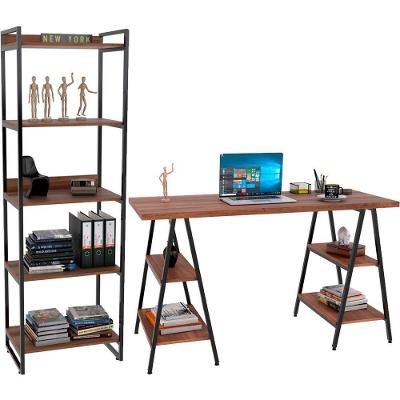 Kit Mesa Cavalete 135 Cm Com Estante 5 Prateleiras Nogal