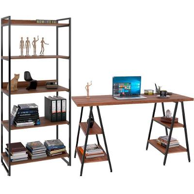 Kit Mesa Cavalete 150 Cm Com Estante 5 Prateleiras Nogal