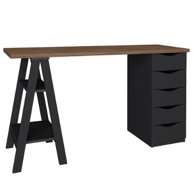 Mesa P/ Escritório Escrivaninha 5 Gavetas Nogal Preto