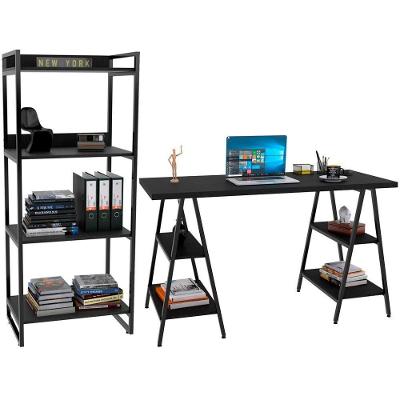 Kit Mesa Cavalete 135 Cm Com Estante 4 Prateleiras Preto