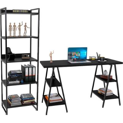 Kit Mesa Cavalete 135 Cm Com Estante 5 Prateleiras Preto