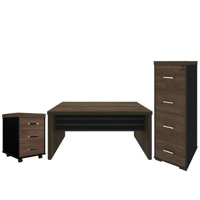 Kit Mesa Escritório 158Cm Armário Arquivo E Gaveteiro Preto