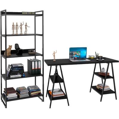 Kit Mesa Cavalete 150 Cm Com Estante 5 Prateleiras Preto