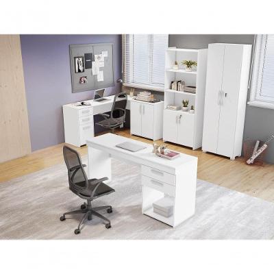 Conjunto Para Escritório 2 Mesas 2 Armários Altos Branco
