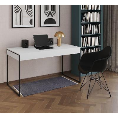 Escrivaninha Industrial Office Estudo Malta Branca 137X53Cm Com 1 Poltrona Preta Base F Marrom