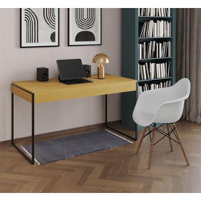 Escrivaninha Estilo Industrial Malta Canela 137X53Cm Ferro Preto Com 1 Poltrona Branca E Marrom