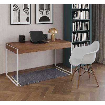 Escrivaninha Estilo Industrial Malta Amêndoa 137X53Cm Ferro Branco Com 1 Poltrona Branca Marrom