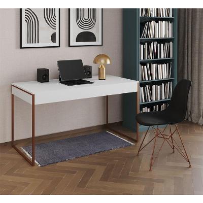Escrivaninha Industrial Escritório Branca 137X53Cm Malta Com 1 Cadeira Preta Base Cobre Cor: Branco