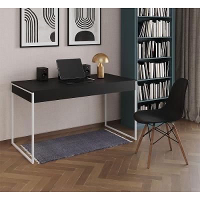 Mesa De Escritório Industrial Preta 137X53Cm Base Ferro Branco Com 1 Cadeira Pretae