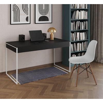Mesa De Escritório Industrial Preta 137X53Cm Base Ferro Branco Com 1 Cadeira Branca Cor: Preto