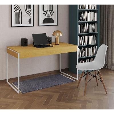 Mesa De Escritório Industrial Canela 137X53Cm Base Ferro Branco Com 1 Cadeira Branca