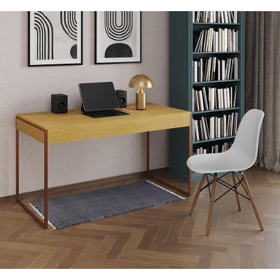 Mesa De Escritório Industrial Malta Canela 137X53Cm Base Cobre Com 1 Cadeira Branca Mad Cor: Canela