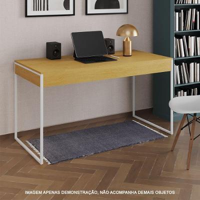 Escrivaninha Industrial Madeira Padrão Office Canela 137X53Cm Com Base Em Ferro Branco