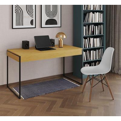 Mesa De Escritório Industrial Canela 137X53Cm Base Ferro Preto Com 1 Cadeira Branca
