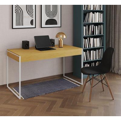 Mesa De Escritório Industrial Canela 137X53Cm Base Ferro Branco Com 1 Cadeira Preta