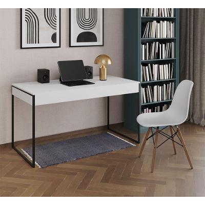 Mesa De Escritório Industrial Branca 137X53Cm Base Ferro Preto Com 1 Cadeira Branca