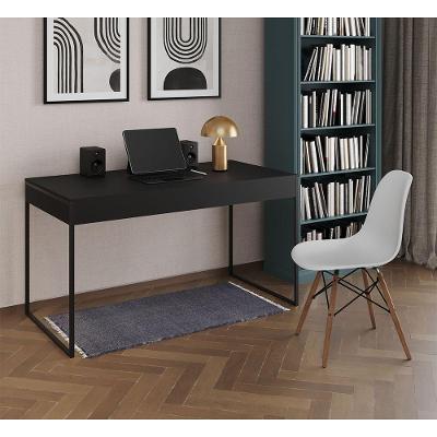 Mesa De Escritório Industrial Preta 137X53Cm Base Ferro Preto Com 1 Cadeira Brancae Cor: Preto