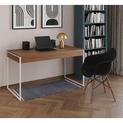 Escrivaninha Home Office Estilo Industrial Amêndoa 137X53Cm Ferro Branco Com 1 Poltrona Preta