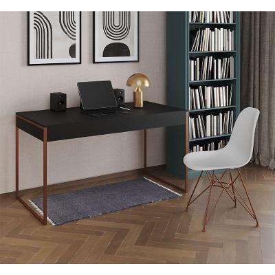 Escrivaninha Industrial Escritório Preta 137X53Cm Malta Com 1 Cadeira Branca Base Cobre Cor: Preto