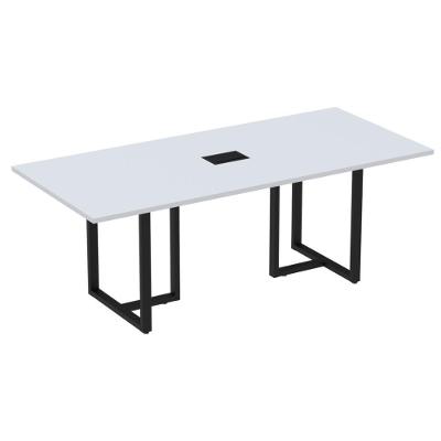 Mesa De Reunião Com Caixa De Tomada Retangular 200 X 90 Cm Pé Tubular Pe25 Em Mdp Cinza Base Preta