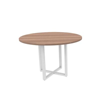 Mesa De Reunião Redonda 110 X 110 Cm Pé Tubular Pe25 Em Mdp Noce Naturalle E Base Branca