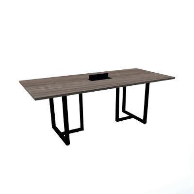 Mesa De Reunião Com Caixa De Tomada Retangular 200 X 90 Cm Pé Tubular Pe25 Em Mdp Walnut Base Preta