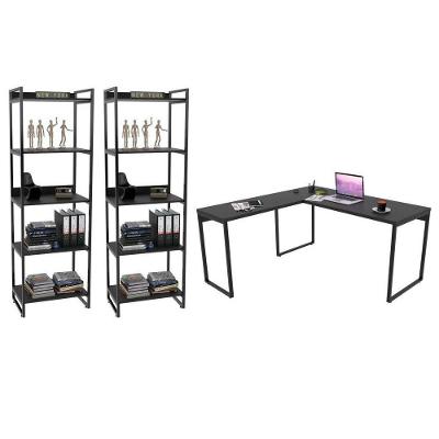 Conjunto Escritório Estilo Industrial Mesa 150x150cm E 2 Estantes 60cm 5 Prateleiras