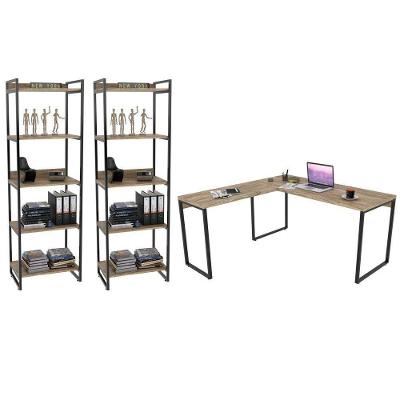 Conjunto Escritório Estilo Industrial Mesa 150X150Cm E 2 Estantes 60Cm 5 Prateleiras C08 Carvalho