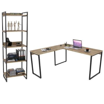Conjunto Escritório Estilo Industrial Mesa 150X150Cm E Estante 60Cm 5 Prateleiras C08 Carvalho