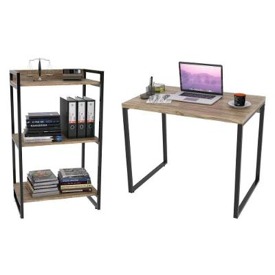 Conjunto Escritório Estilo Industrial Mesa 90Cm E Estante 60Cm 3 Prateleiras Prisma C08 Carvalho