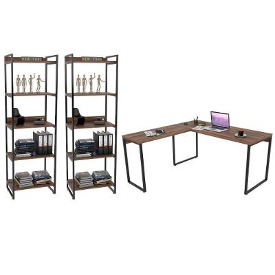 Conjunto Escritório Estilo Industrial Mesa 150X150Cm E 2 Estantes 60Cm 5 Prateleiras C08 Nogal