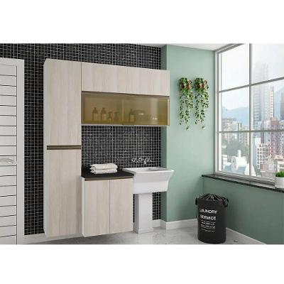 Armário De Lavanderia 3 Pçs Com Tampo E Vidro Pérola Móveis Branco Polar Com Legno Crema E Preto