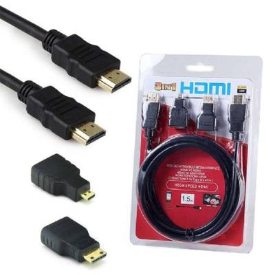 Kit Hdmi 1080p 3x1 com 2 Adaptadores Pontas Micro e Mini Hdmi