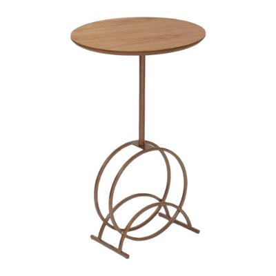 Mesa De Apoio Lunar Alta Madeira Maciça Amêndoa Com Metal Cobre