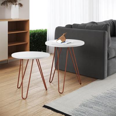 Mesa De Lateral Duo Lisboa Ferro Cobre Tampo Branco - Cor: Branco