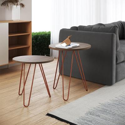 Mesa De Lateral Duo Lisboa Ferro Cobre Tampo Amêndoa