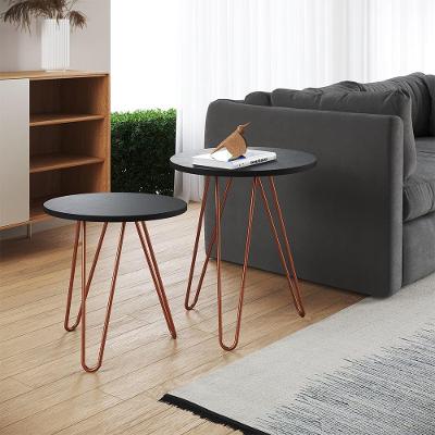 Mesa De Lateral Duo Lisboa Ferro Cobre Tampo Preto - Cor: Preto