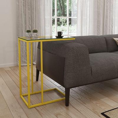 Mesa Lateral Industrial Elena De Vidro Base Ferro Amarelo - Cor: Amarelo