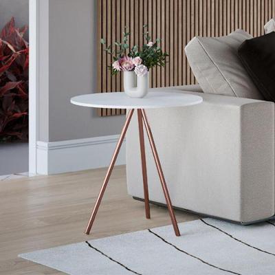 Mesa Lateral Tampo Madeira Branco Pés Cobre Branco