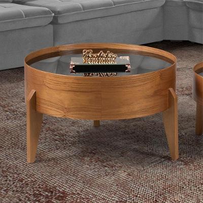 Mesa De Centro Laminada Com Vidro Off White - Eloá Diâmetro 60cm