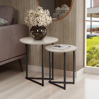 Mesa Lateral Jade Conjunto Com 2 Mesas Pé De Aço Preto/off
