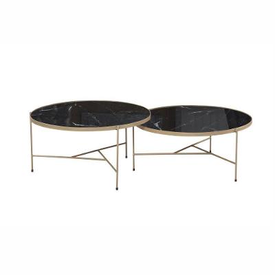 Conjunto Mesa De Centro Itália Tampo Marmorizado E Pés Metal Champanhe