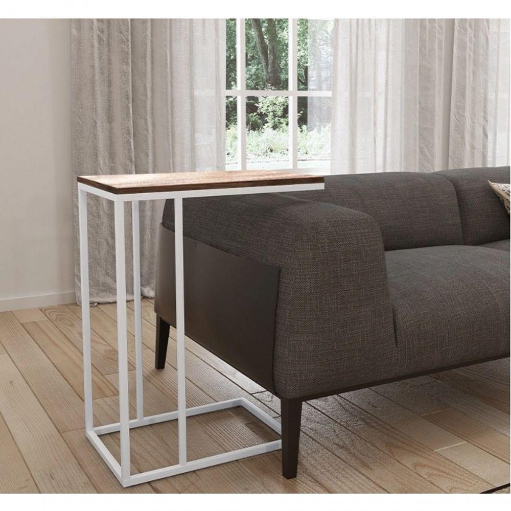 Mesa Lateral Tampo Madeira Amendoa Base Branco - 2