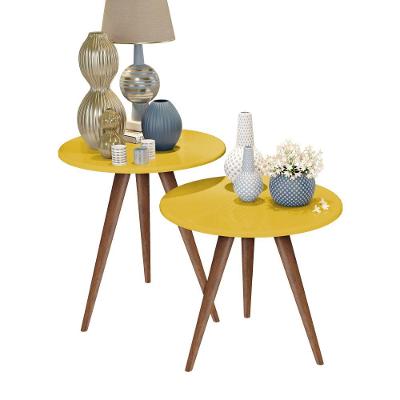 Conjunto Mesa De Canto E Lateral Retrô Pés Palito Amarelo