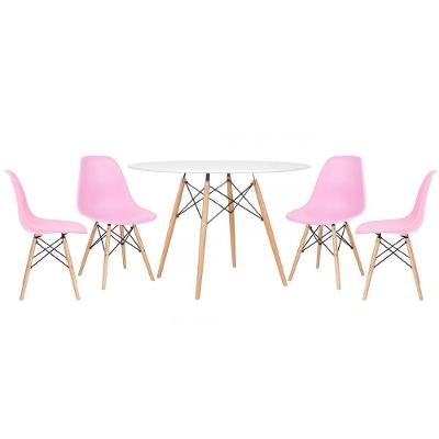 Mesa Redonda Eames 120cm Branco + 4 Cadeiras Rosa Claro