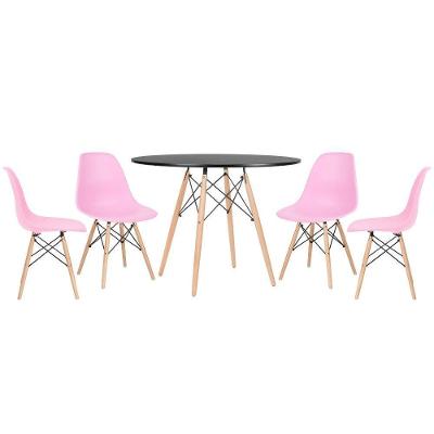 Mesa Redonda Eames 100cm Preto + 4 Cadeiras Rosa Claro