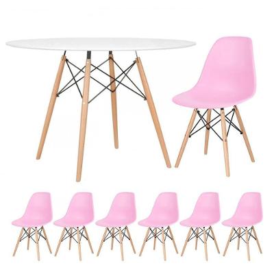 Mesa Redonda Eames 120cm Branco + 6 Cadeiras Rosa Claro