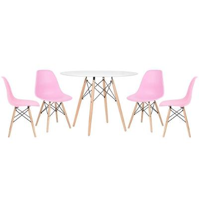 Mesa Redonda Eames 100cm Branco + 4 Cadeiras Rosa Claro